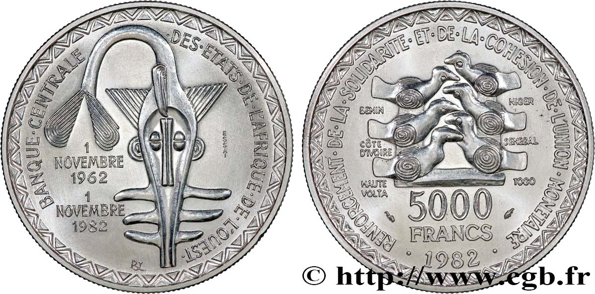ÉTATS DE L&nbsp;AFRIQUE DE L&nbsp;OUEST (BCEAO) Essai 5000 Francs masque 1982 Paris SUP 