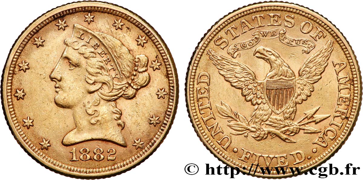 ÉTATS-UNIS D AMÉRIQUE 5 Dollars  Liberty  1882 Philadelphie TTB 