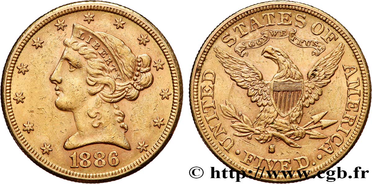 UNITED STATES OF AMERICA 5 Dollars  Liberty  1886 San Francisco XF 