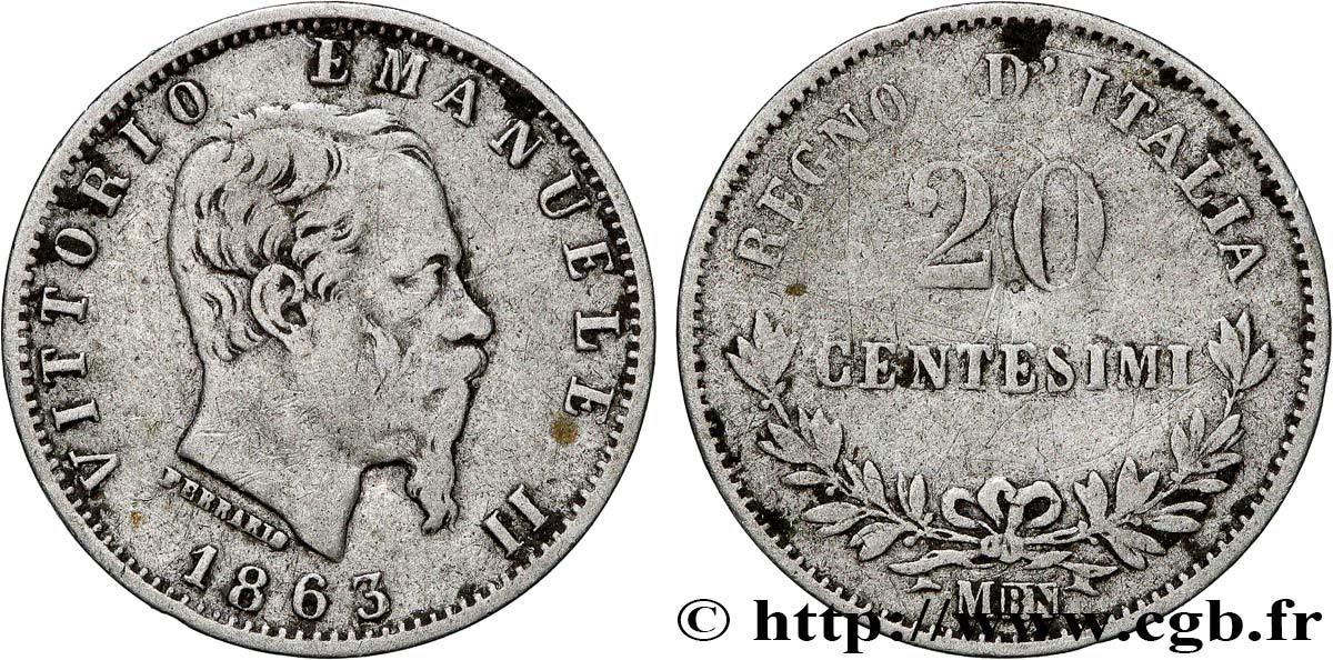 ITALY 20 Centesimi Victor Emmanuel II 1863 Milan VF 