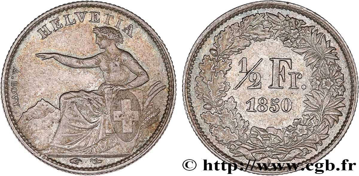 SUIZA 1/2 Franc Helvetia 1850 Paris MBC+/EBC 