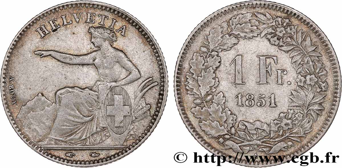 SWITZERLAND 1 Franc Helvetia assise 1851 Paris XF 