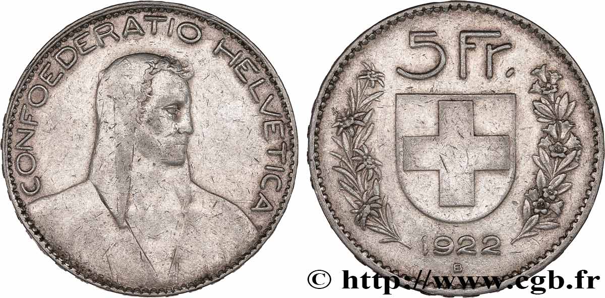 SUISSE 5 Francs Berger 1922 Berne TB+ 