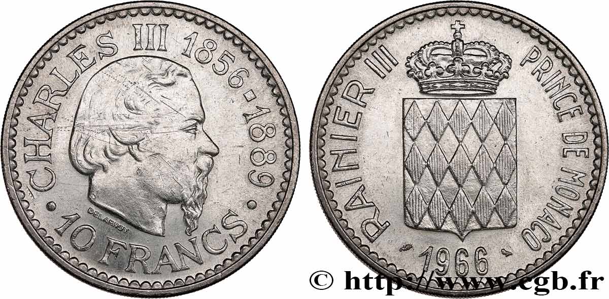 MONACO 10 Francs Charles III 1966 Paris AU 