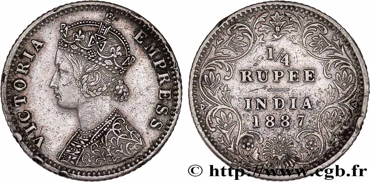 INDES BRITANNIQUES 1/4 Rupee (Roupie) Victoria 1887 Bombay TTB 