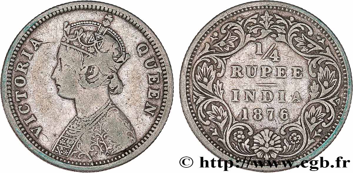 BRITISH INDIA 1/4 Roupie Victoria 1876 Calcutta VF 