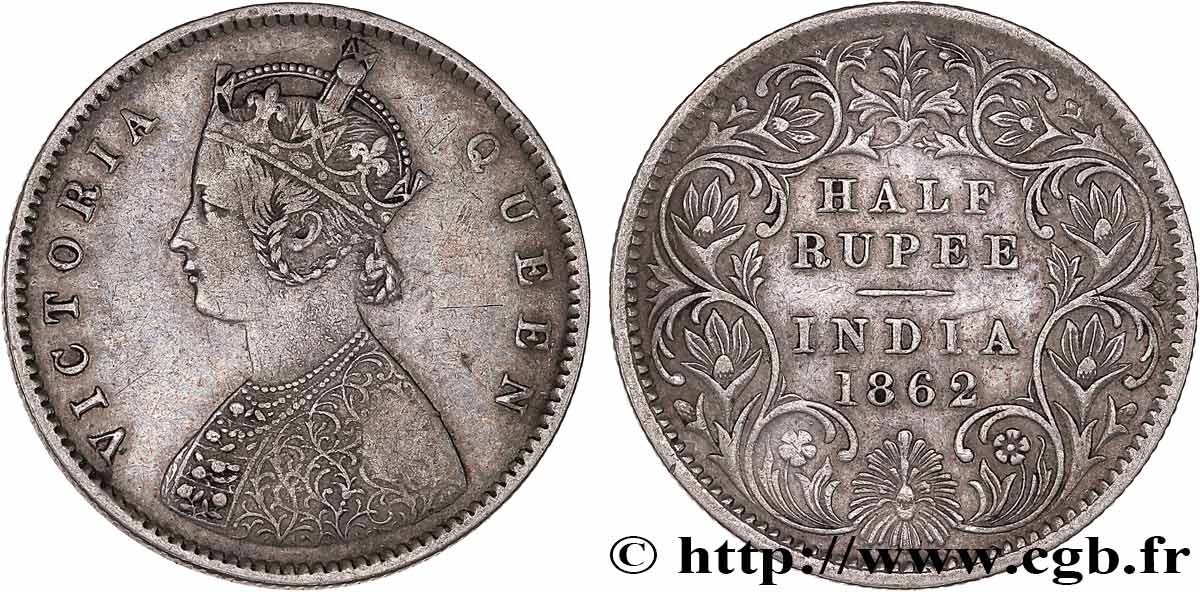 INDES BRITANNIQUES 1/2 Roupie Victoria 1862  TTB 