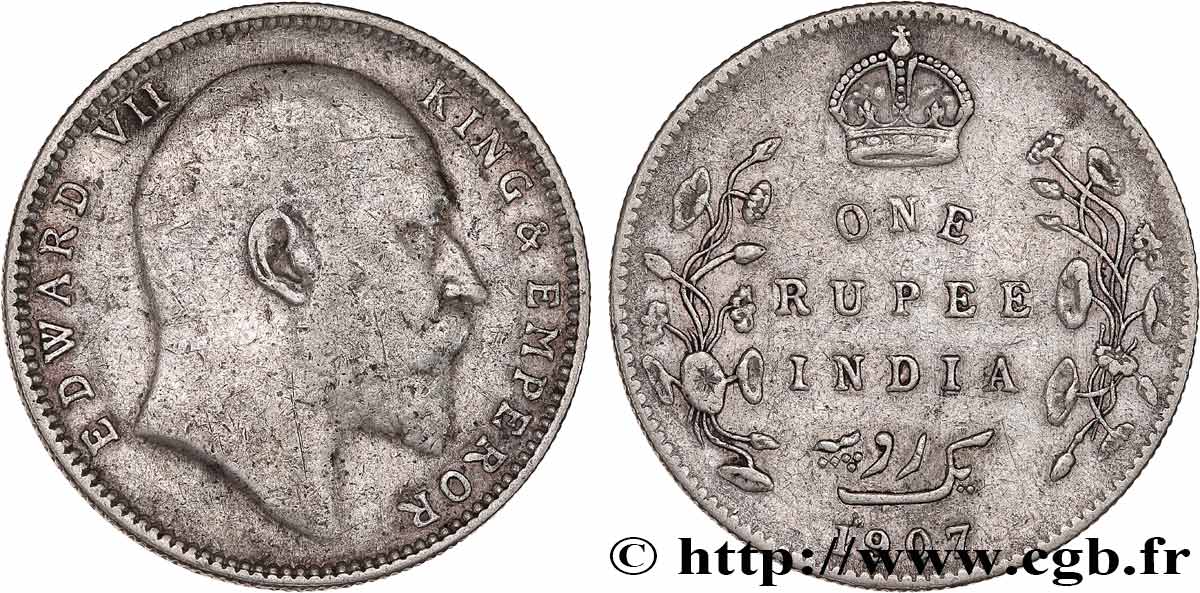 BRITISCH-INDIEN 1 Rupee (Roupie) Edouard VII 1907 Calcutta SS 