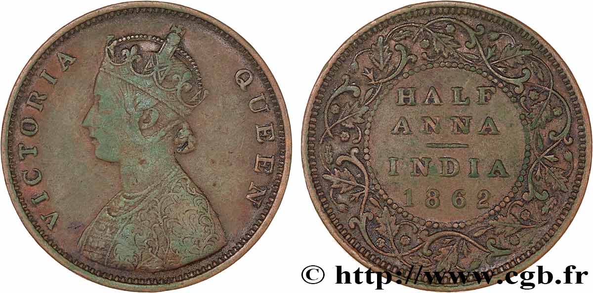 BRITISH INDIA 1/2 Anna Victoria 1862 Bombay VF 