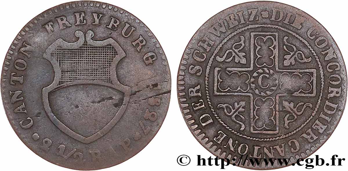 SWITZERLAND - CANTON OF FRIBOURG 2 1/2 Rappen 1827  VF 