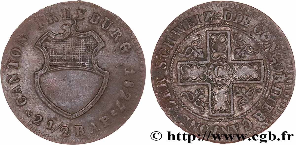 SWITZERLAND - CANTON OF FRIBOURG 2 1/2 Rappen 1827  XF 