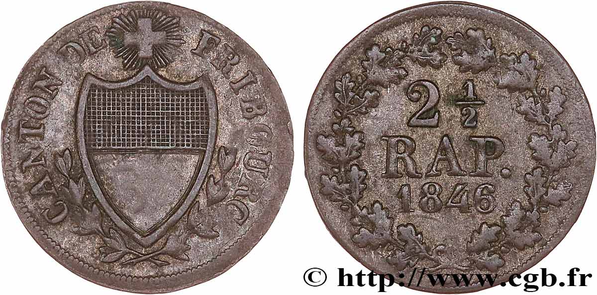 SWITZERLAND - CANTON OF FRIBOURG 2 1/2 Rappen - Canton de Fribourg 1846  XF 