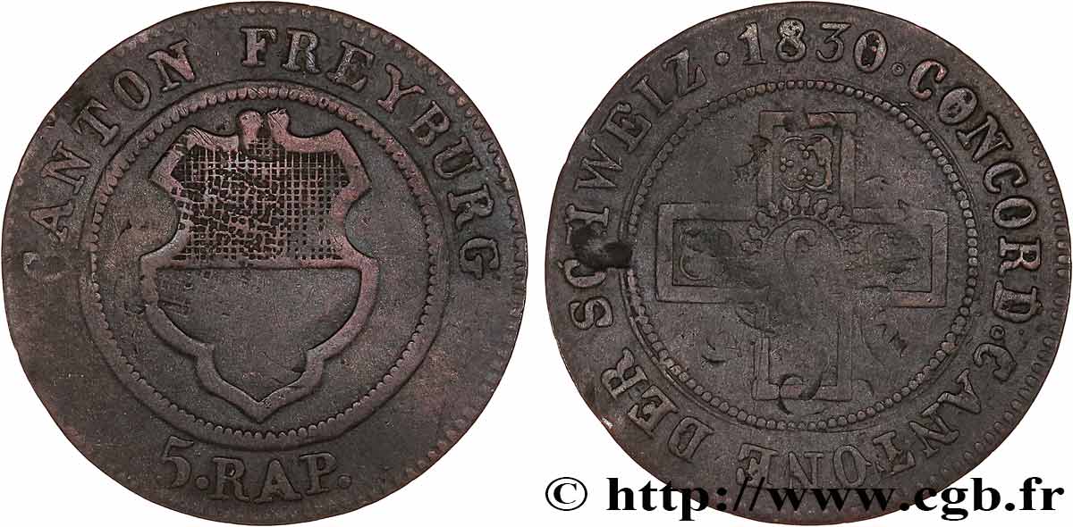 SWITZERLAND - CANTON OF FRIBOURG 5 Rappen - Canton de Fribourg 1830  VF 