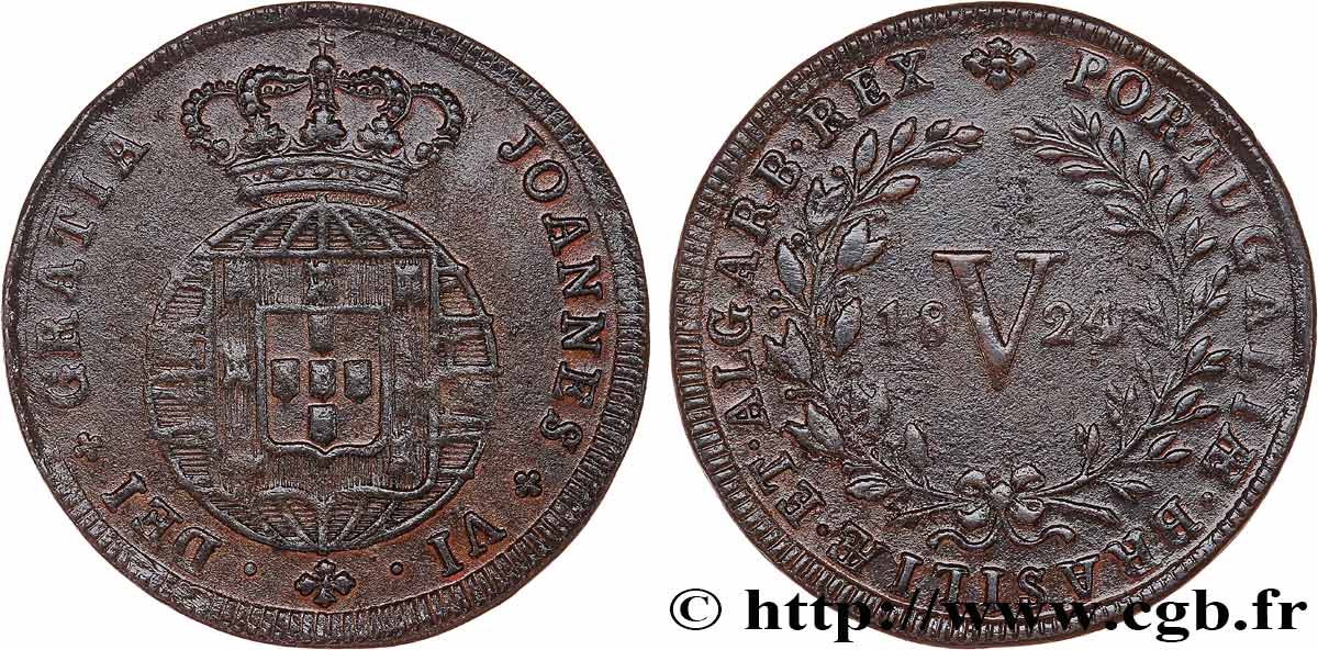 PORTUGAL - ROYAUME DU PORTUGAL - JEAN VI LE CLÉMENT 5 Reis  1824 Rio de Janeiro BC+ 