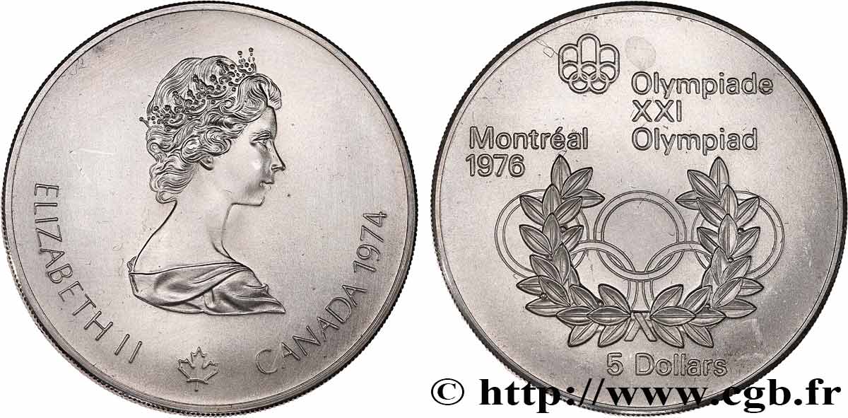 CANADA 5 Dollars Proof JO Montréal 1976 anneaux olympiques / Elisabeth II 1974  MS 