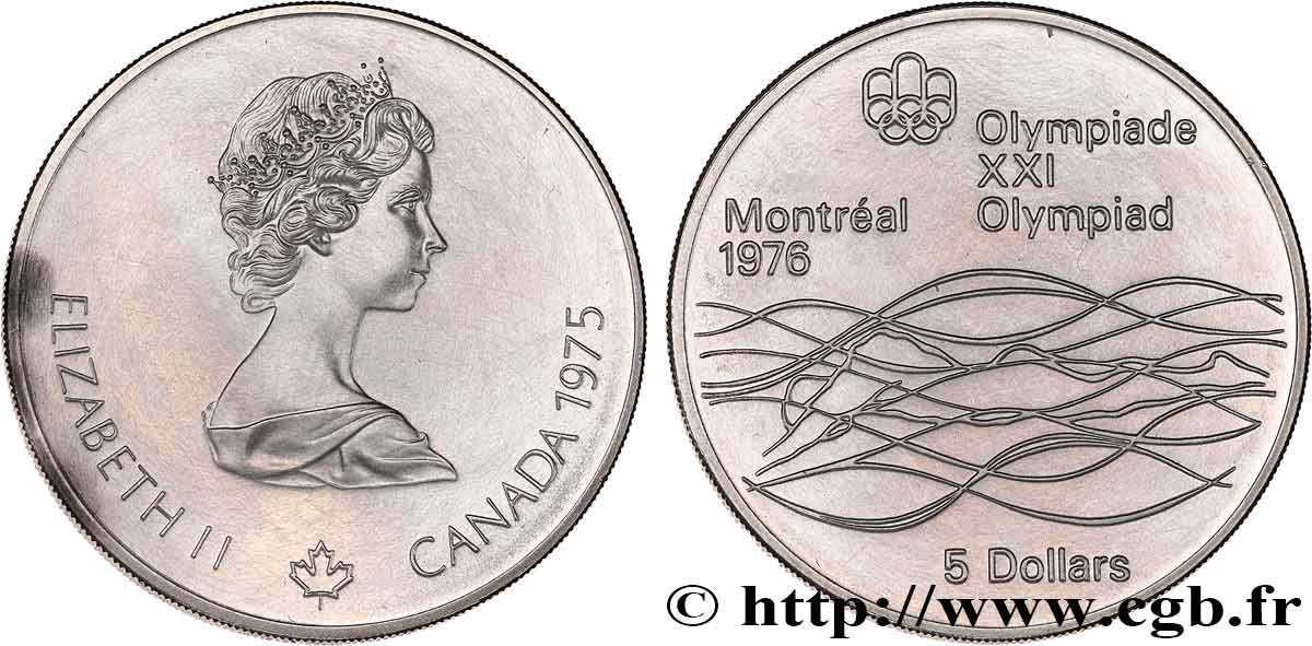 CANADA 5 Dollars Proof JO Montréal 1976 natation 1975  MS 