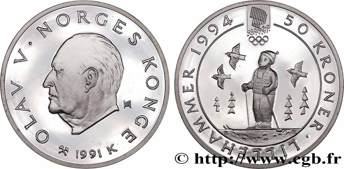 NORVEGIA 50 Kroner Proof J.O. Lillehammer 1994 - enfant skieur 1991 Konsberg MS 