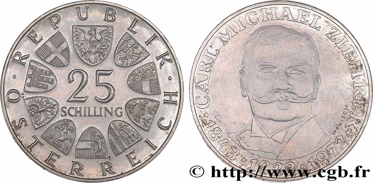 AUSTRIA 25 Schilling Prof 50e anniversaire de la mort du compositeur Carl Michael Ziehrer 1972  AU 