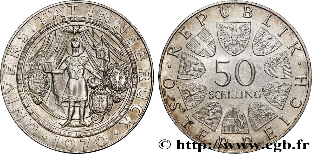 AUTRICHE 50 Schilling 300e anniversaire de l’université d’Innsbruck 1970  SUP 