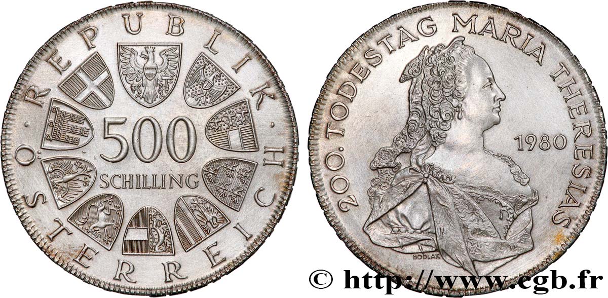 AUTRICHE 500 Schilling 200 anniversaire de la mort de Marie-Thérèse 1980  SPL 