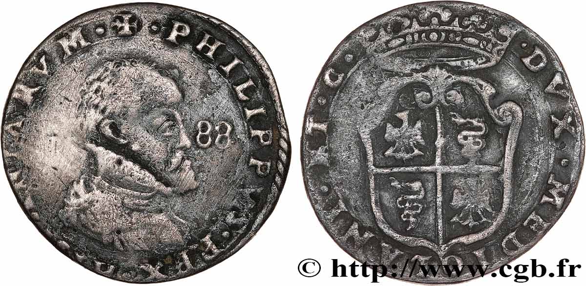 ITALIA - DUCATO DI MILANO - FILIPPO II DI SPAGNA Demi-Scudo (Mezzo-Scudo) Philippe II 1588 Milan MB 