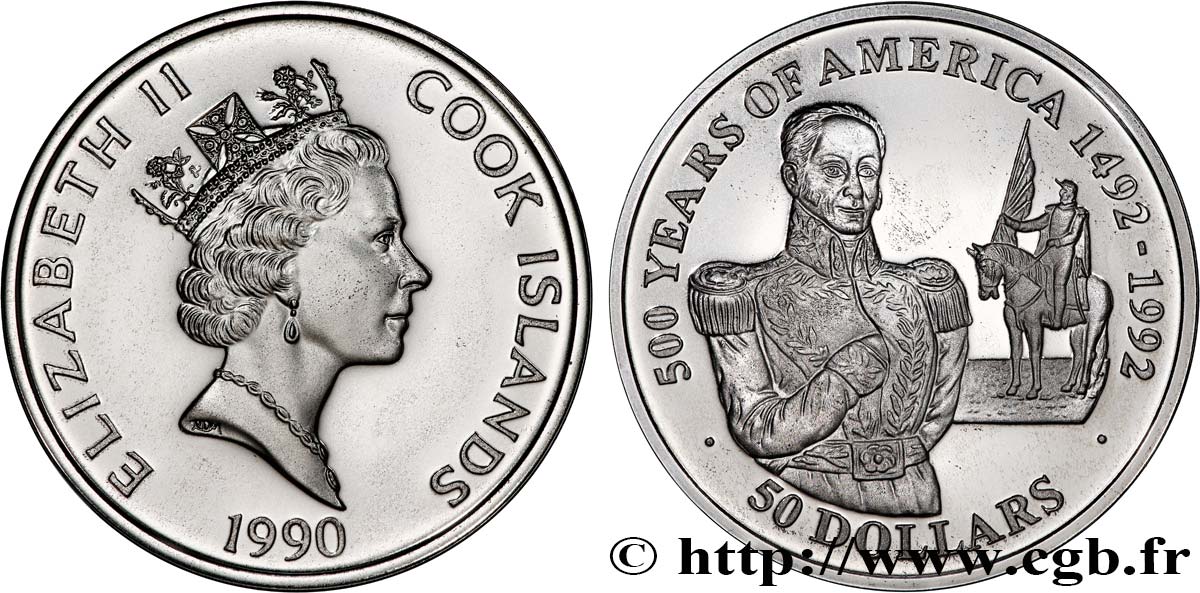 ÎLES COOK  50 Dollars Proof 500e anniversaire découverte de l’Amérique, Simon Bolivar 1990  SPL 