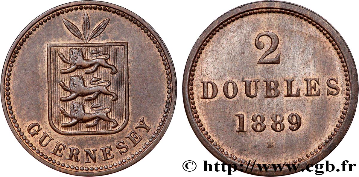 GUERNESEY 2 Doubles armes du bailliage de Guernesey 1889 Heaton TTB+ 