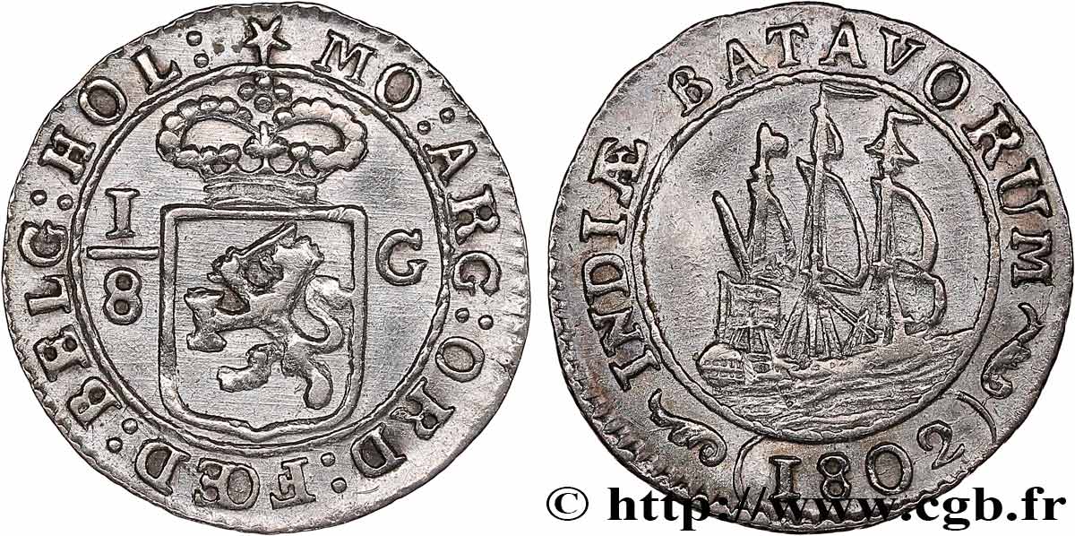 INDES NEERLANDAISES 1/8 Gulden République Batave 1802  TTB+ 