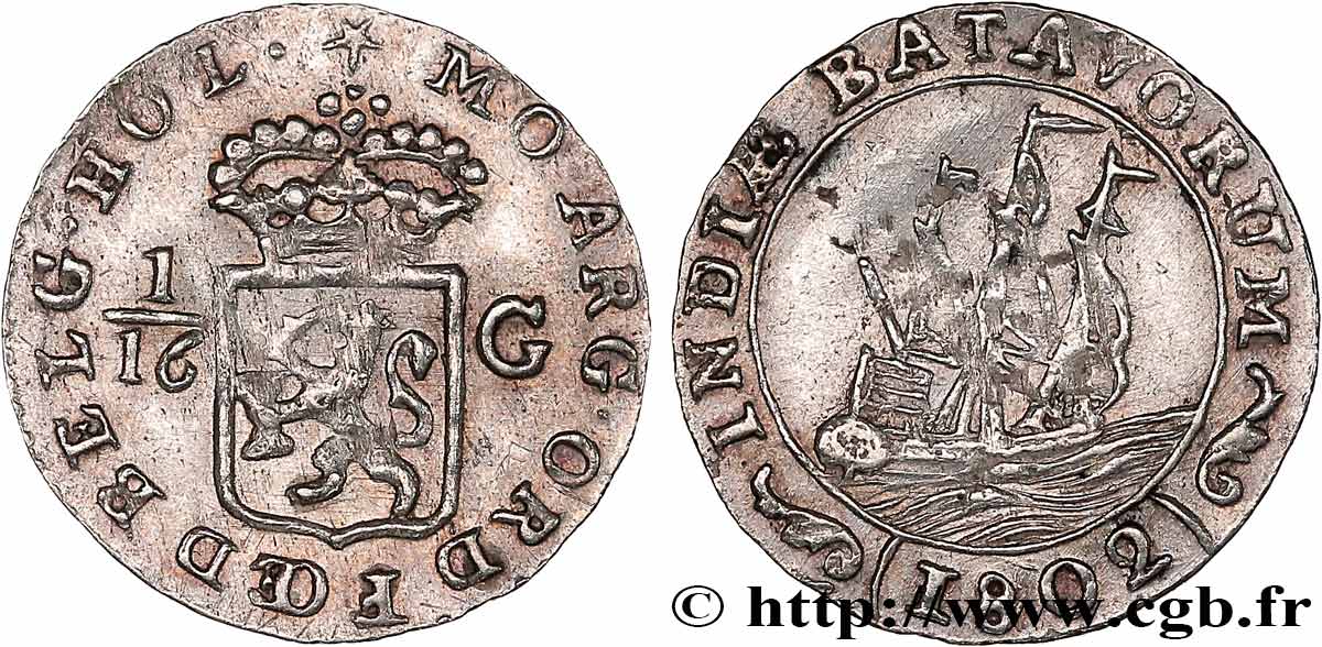 NETHERLANDS INDIES 1/16 Gulden République Batave 1802  XF 