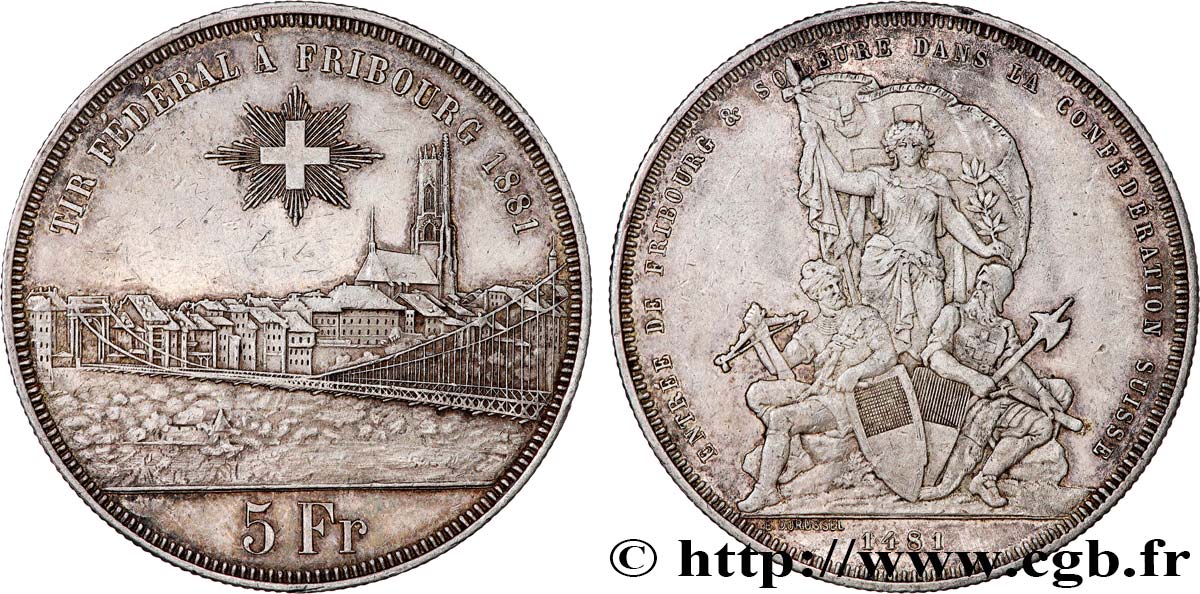 SUIZA 5 Francs, monnaie de Tir, Fribourg 1881  MBC 