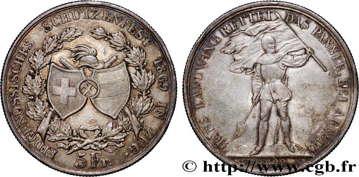SUISSE 5 Francs, monnaie de Tir, Zoug 1869  TTB 