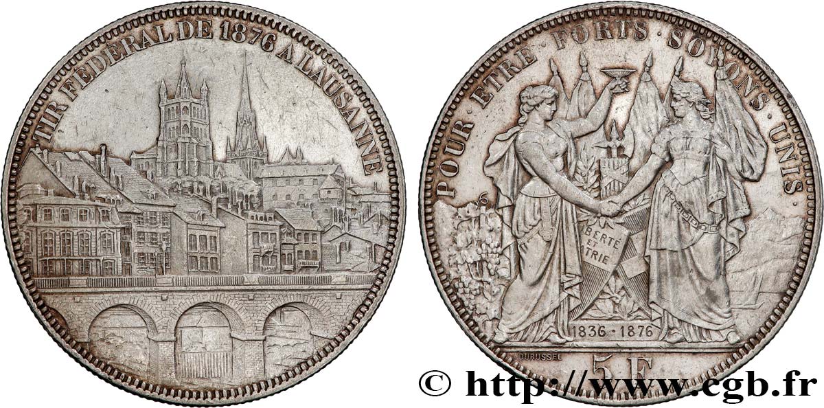 SUISSE 5 Francs, monnaie de Tir, Lausanne 1876  TTB 