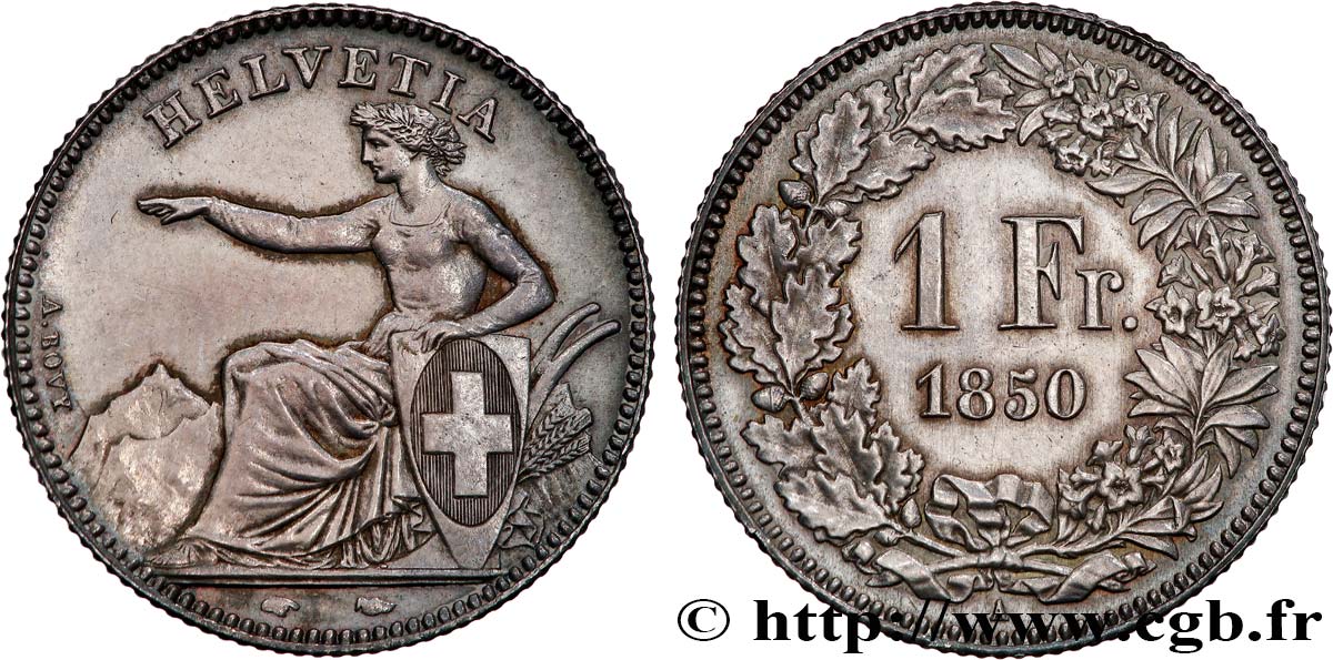 SWITZERLAND - HELVETIC CONFEDERATION 1 Franc Helvetia assise 1850 Paris AU 
