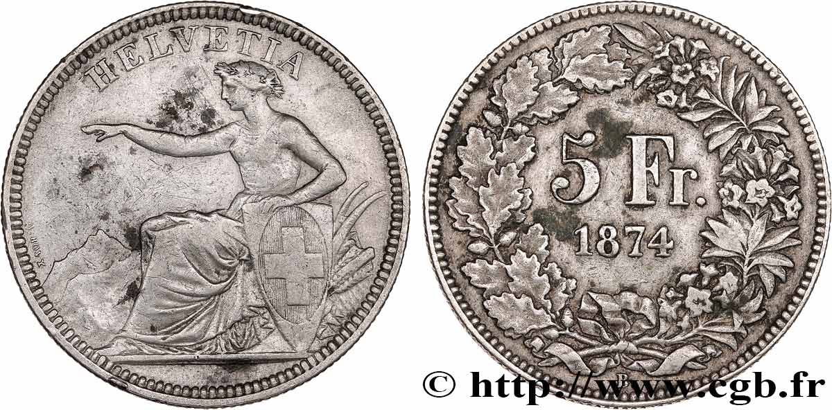 SUISSE 5 Francs Helvetia assise 1874 Bruxelles TTB 