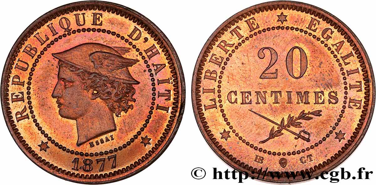 HAITI - REPUBLIC Essai de 20 Centimes buste au pégase 1877  MS 