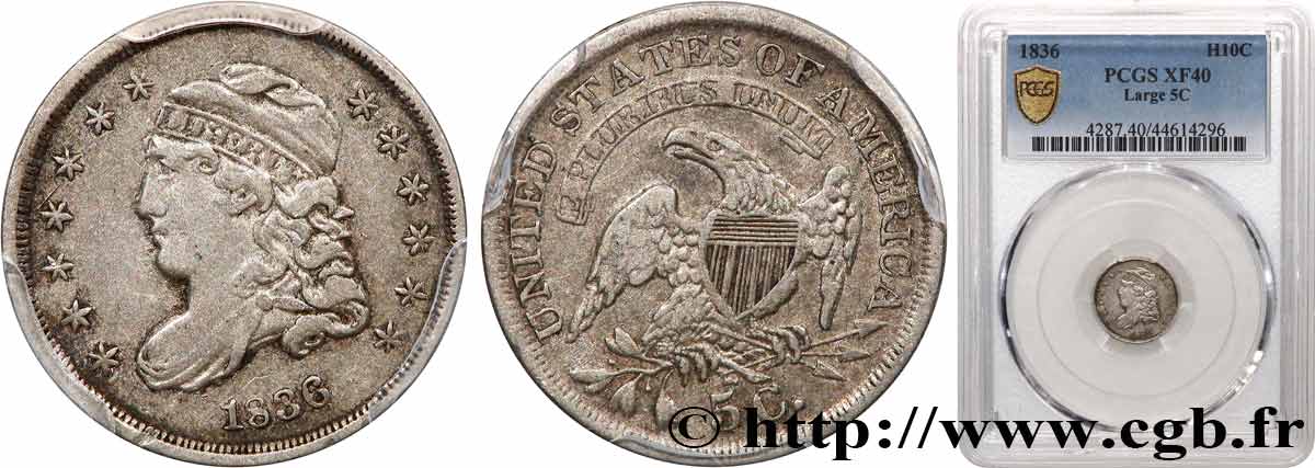 ÉTATS-UNIS D AMÉRIQUE 5 Cents “capped bust” variété avec large 5C 1836 Philadelphie TTB40 PCGS