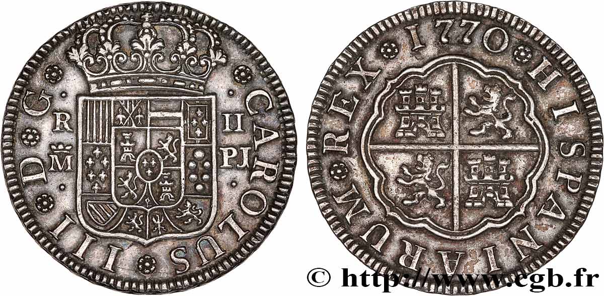 ESPAGNE 2 Reales Charles III 1770 Madrid TTB+ 