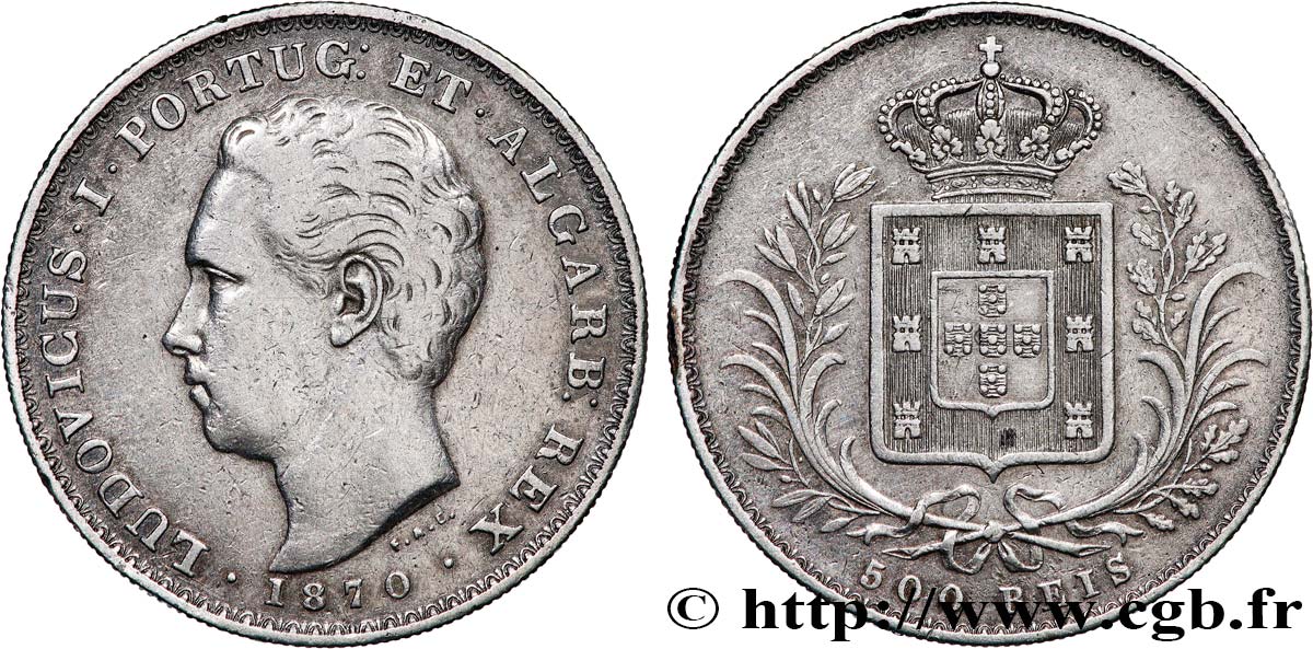 PORTUGAL - KINGDOM OF PORTUGAL - LUIS I 500 Reis  1870  VF 