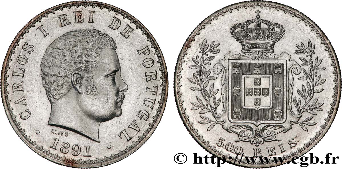 PORTUGAL - KINGDOM OF PORTUGAL - CARLOS I 500 Reis  1891  EBC 