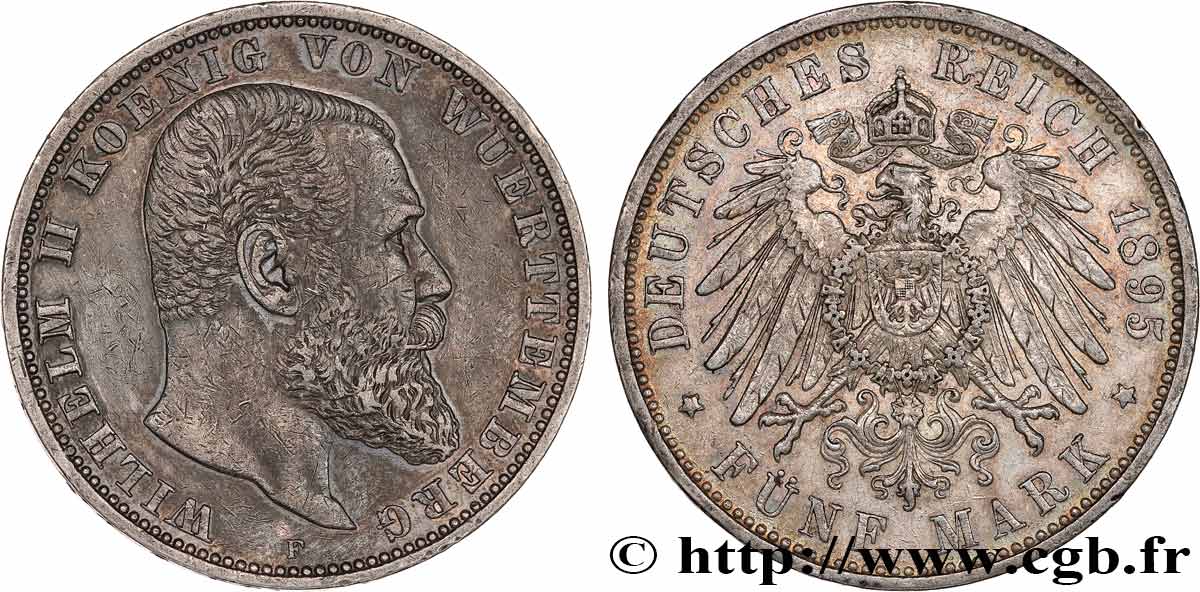 GERMANY - WÜRTTEMBERG 5 Mark Guillaume II 1895 Stuttgart AU 