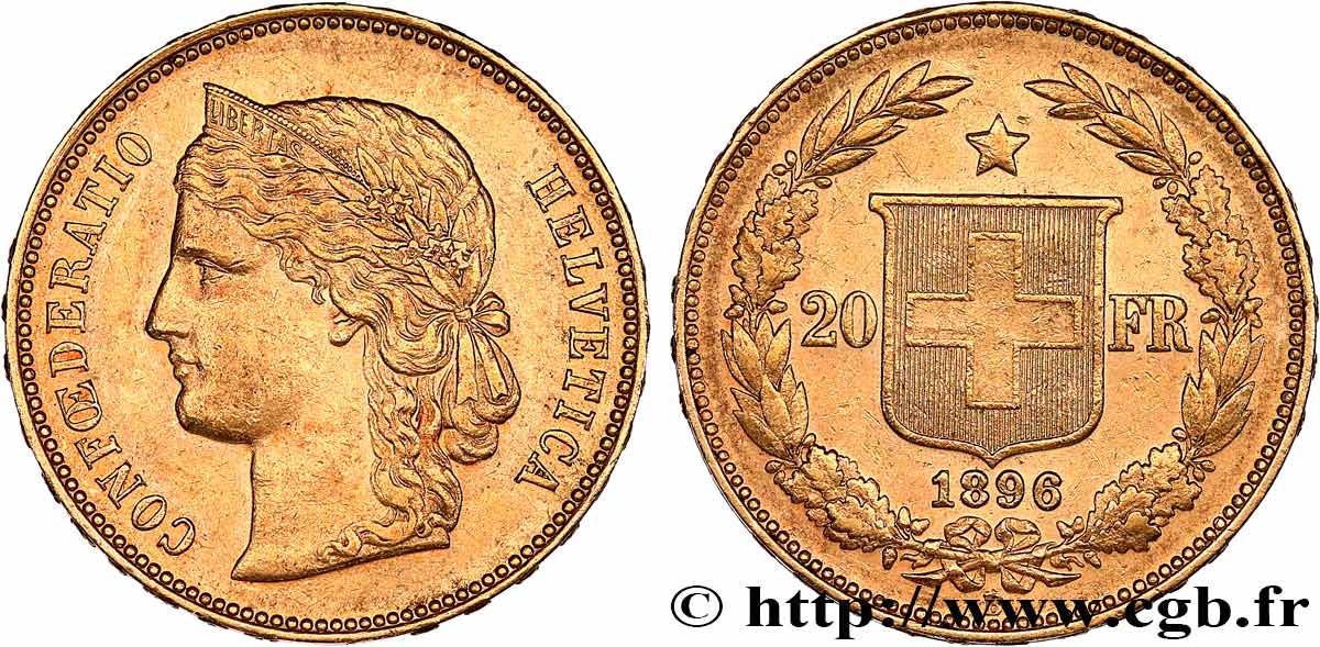 SWITZERLAND 20 Francs Helvetia 1896 Berne AU 