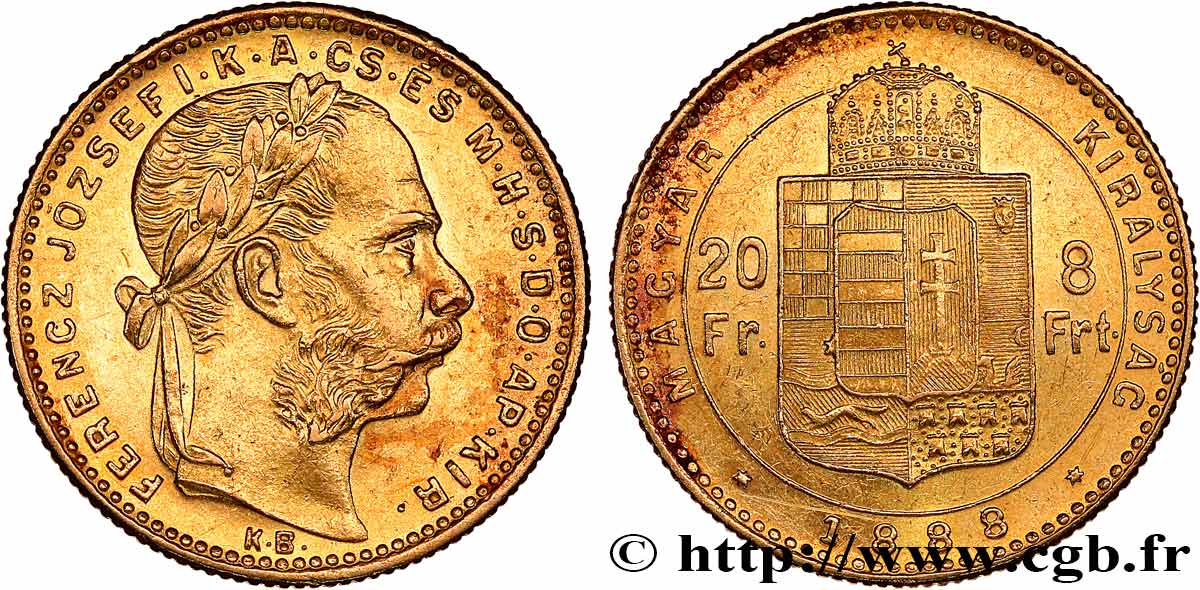 HUNGRÍA - REINO DE HUNGRÍA - FRANCISCO JOSÉ I 20 Francs or ou 8 Forint  1888 Kremnitz MBC+ 