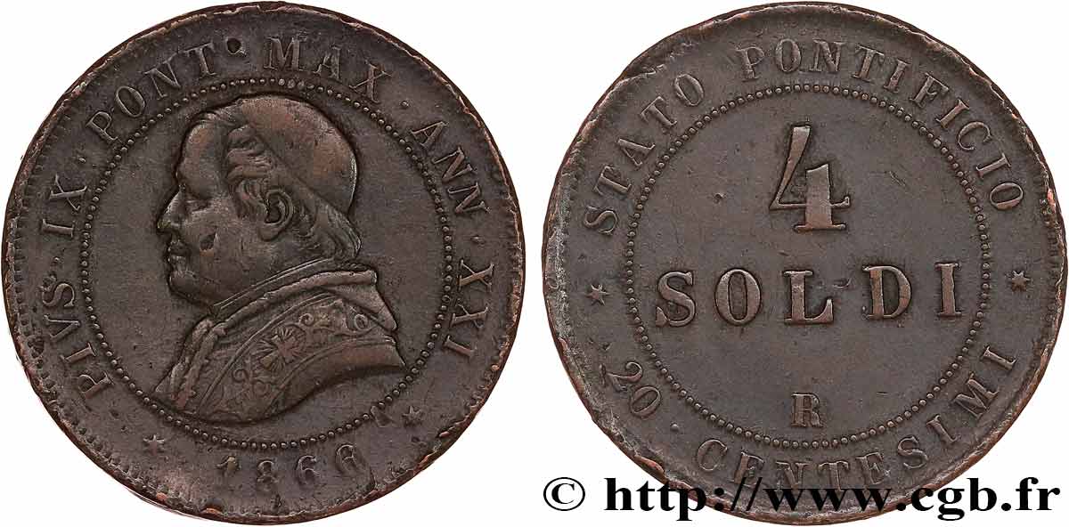 VATICAN ET ÉTATS PONTIFICAUX 4 Soldi Pie IX an XXI 1866 Rome TB+ 