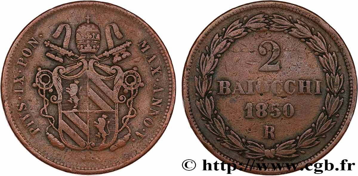 ITALIE - ÉTATS DU PAPE - PIE IX (Jean-Marie Mastai Ferretti) 2 Baiocchi Pie IX an V 1850 Rome TB 