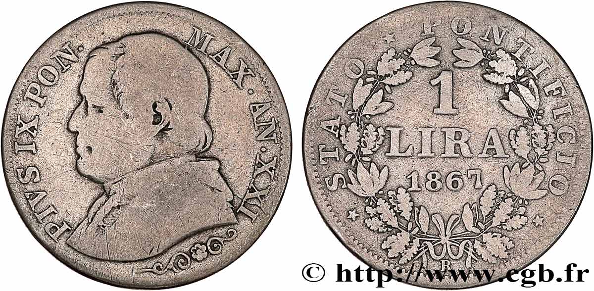 VATICAN AND PAPAL STATES 1 Lire Pie IX an XXI 1867 Rome VF 