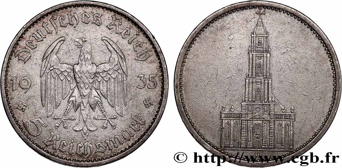 GERMANIA 5 Reichsmark église de la garnison de Potsdam 1935 Berlin BB 