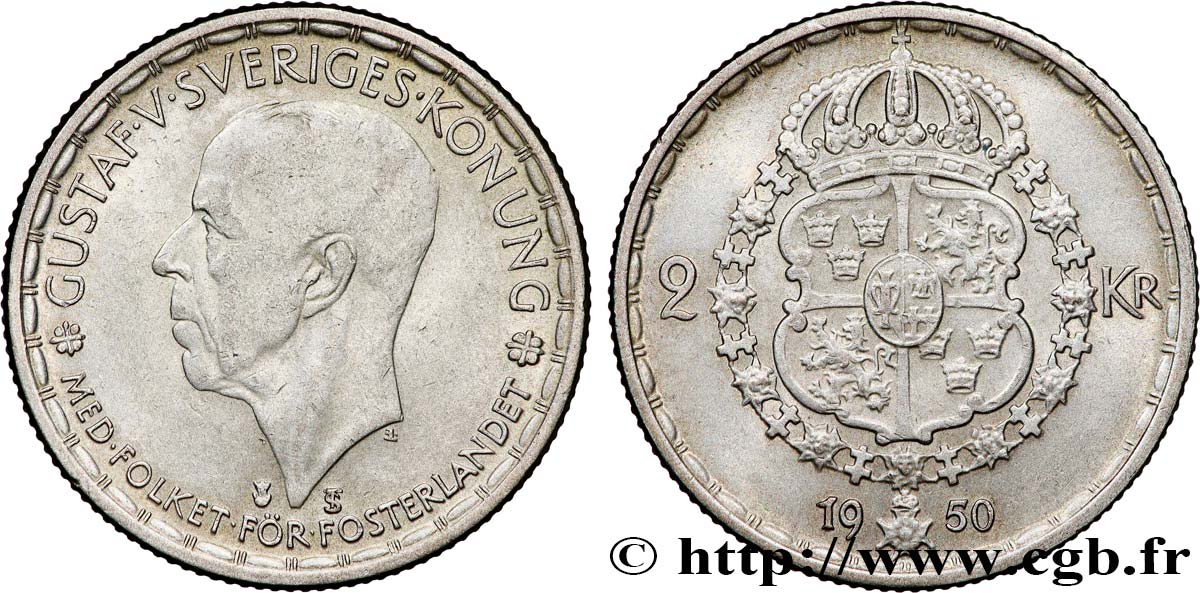 SWEDEN 2 Kronor Gustave V 1950  AU 