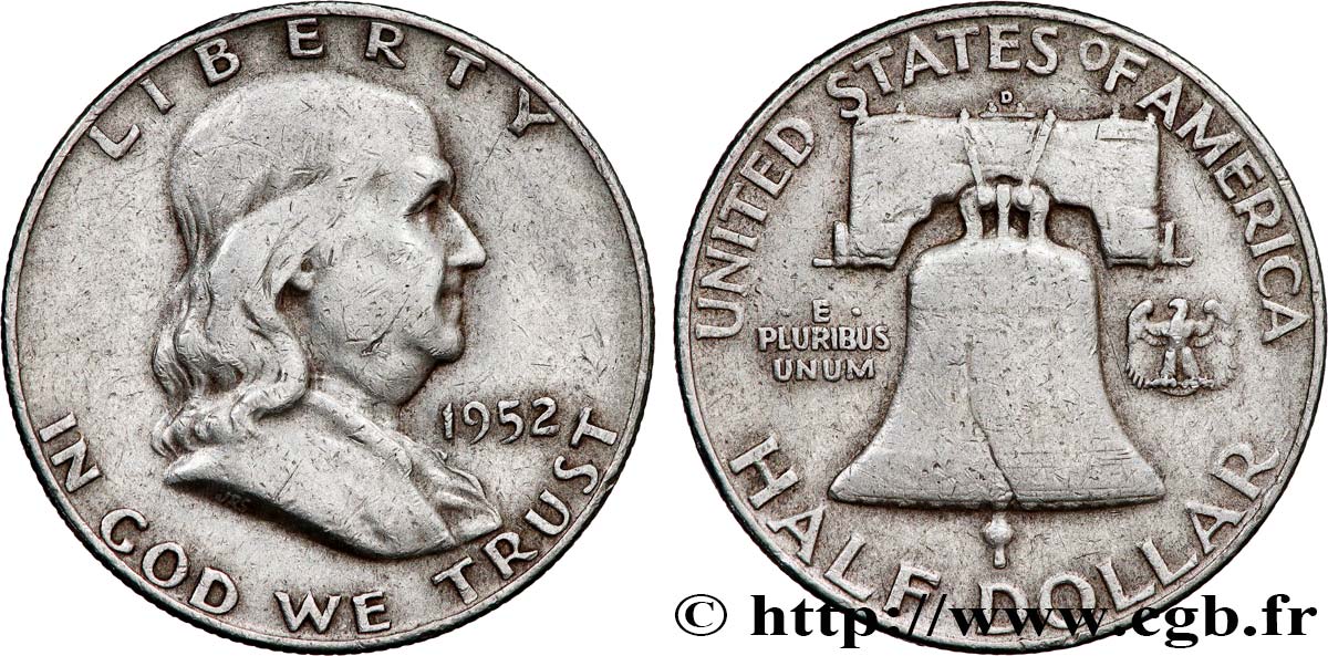 UNITED STATES OF AMERICA 1/2 Dollar Benjamin Franklin 1952 Denver XF 