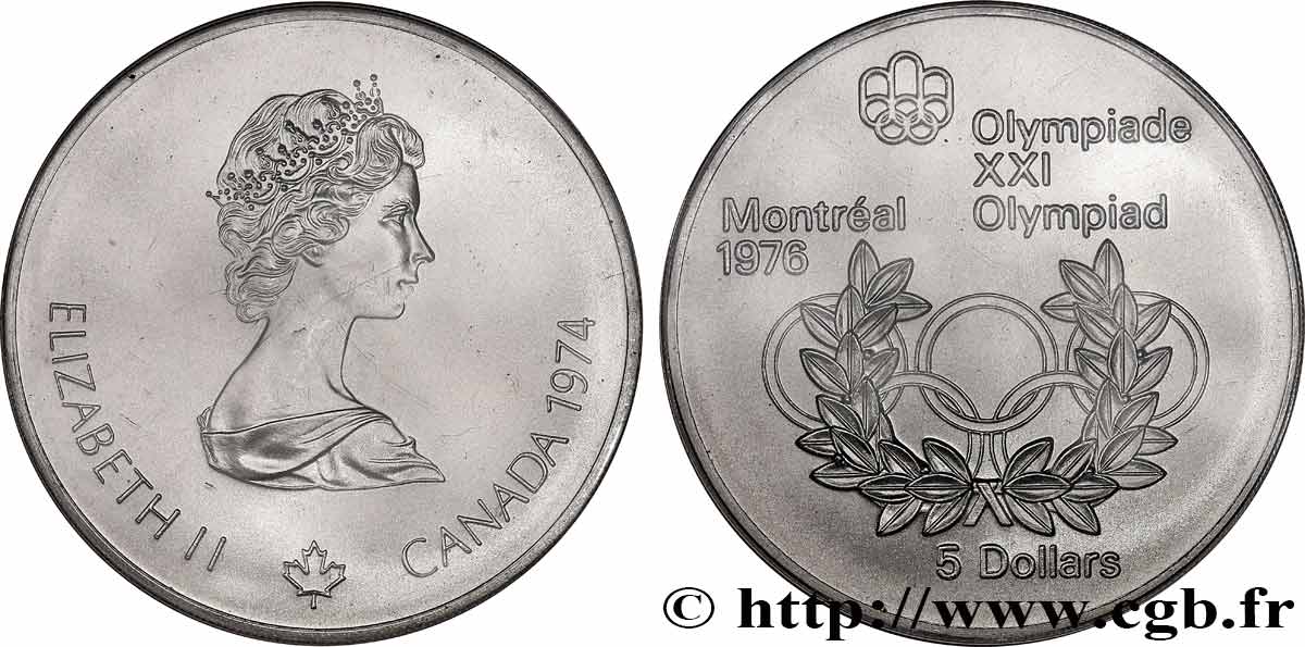 CANADá
 5 Dollars Proof JO Montréal 1976 anneaux olympiques / Elisabeth II 1974  FDC 