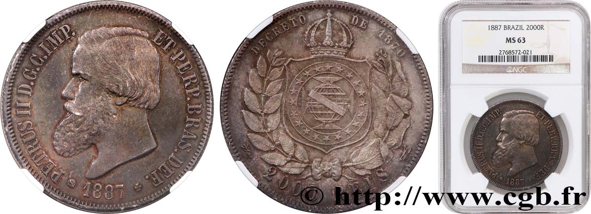 BRÉSIL - EMPIRE DU BRÉSIL - PIERRE II 2000 Reis  1887  MS63 NGC